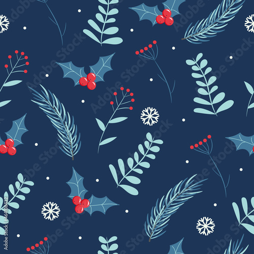 Christmas seamless pattern with snowflake, berries, mistletoe and fir branch. Winter background vector illustration