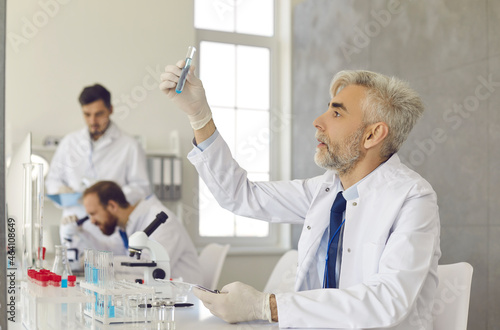 Serious researcher in white coat and gloves working in medical laboratory. Portrait of experienced senior white-haired scientist sitting at lab table and looking at glass tube he s holding in hand