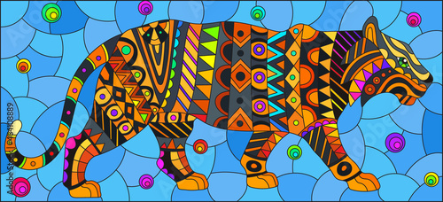 Stained glass illustration with abstract tiger, animal on blue background, rectangular image