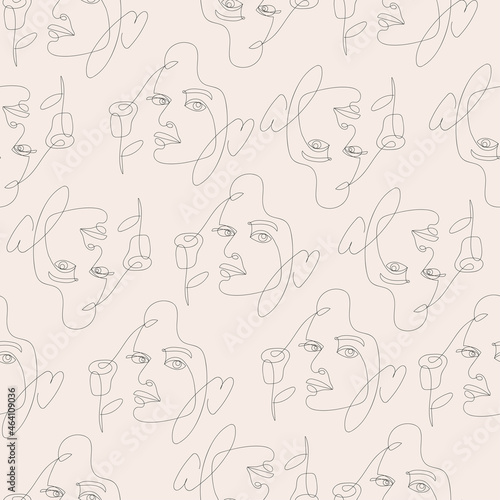 Line art fashion seamless pattern. Drawing faces vector illustration on beige background