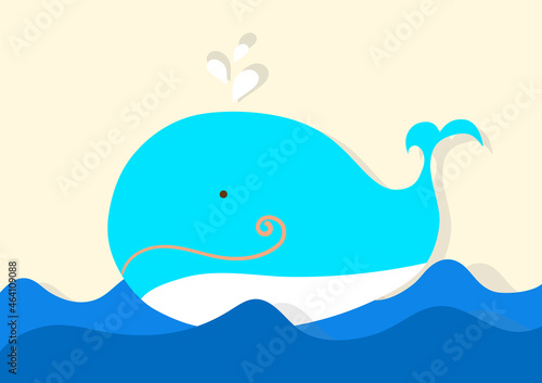 Illustration of a cute smiling blue whale in the sea