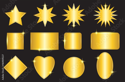 set of gold metal shape icons with variations of stars, squares, circles, ovals and shining stars on a black background