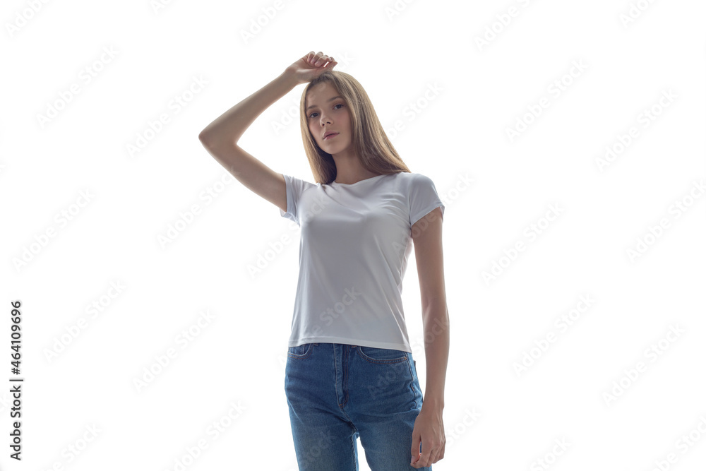 Beautiful young woman in white t-shirt. Mock-up. Beautiful young woman in white t-shirt. Mock-up.