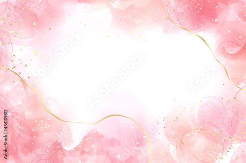Rose pink liquid watercolor background with golden lines. Blush marble alcohol ink drawing effect. Vector illustration design template for wedding invitation, menu, rsvp