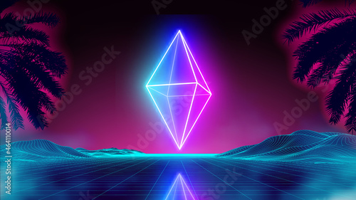 Neon rhombus on retro background landscape. Glowing rhombus cosmos poster. Neon light box cube light. Future purple 80s sci-fi poster.