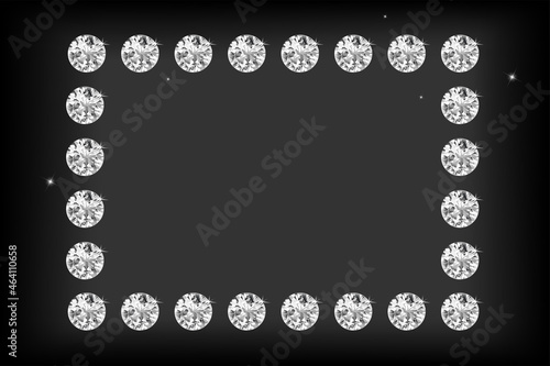 Festive silver sparkle background. Glitter border, rectangle spotted frame. Vector dust, diamonds on black. Great for valentine, christmas and birthday cards, wedding invitations, party posters.