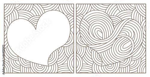 A set of contour illustrations in the style of stained glass with abstract hearts, dark contours on a white background