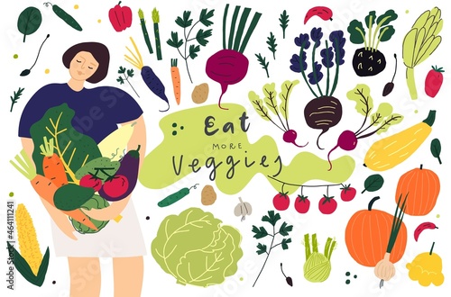 Woman with vegetables. Collection of vector objects. Natural organic and vegetarian food, mindful eating