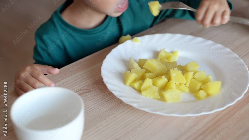 Close-up of a white tackle with boiled potatoes that a child eats Close-up of a white tackle with boiled potatoes that a child eats