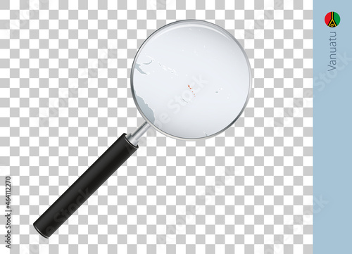 Vanuatu map with flag in magnifying glass on transparent background.