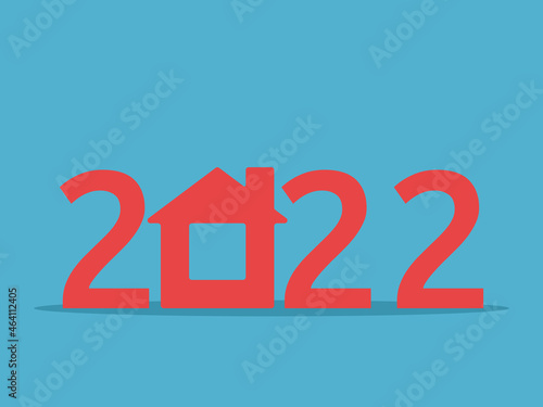 2022 year text with house on blue background. Happy New year, home, coziness, real estate and mortgage concept. Flat design. Vector illustration. EPS 8, no transparency