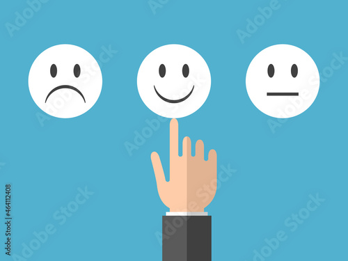 Hand choosing positive emotion or feedback. Psychology, mental health, optimism, joy, mind and wellbeing concept. Flat design. Vector illustration. EPS 8, no gradients, no transparency
