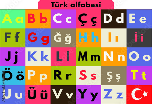 Turkish Alphabet in Colorful Squares  with Turkish flag 