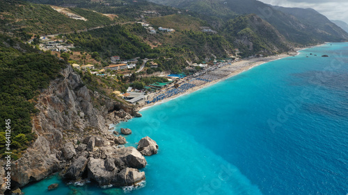 Aerial drone photo of organised paradise beach of Kathisma, Lefkada island, Ionian, Greece