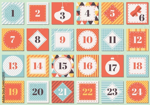 Christmas advent calendar with geometric ornaments - Polka dot, Gingham, Triangles, Diagonal, Horizontal and Vertical Stripes.