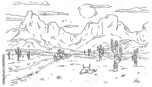 Horseman mexican rides on background panorama mountains and desert. Vintage engraving black