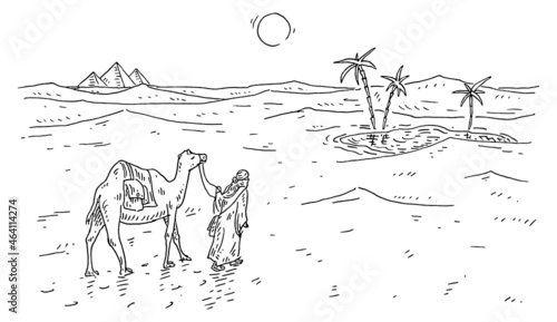 Bedouin and camel go to the oasis in the desert. Vintage engraving black illustration.