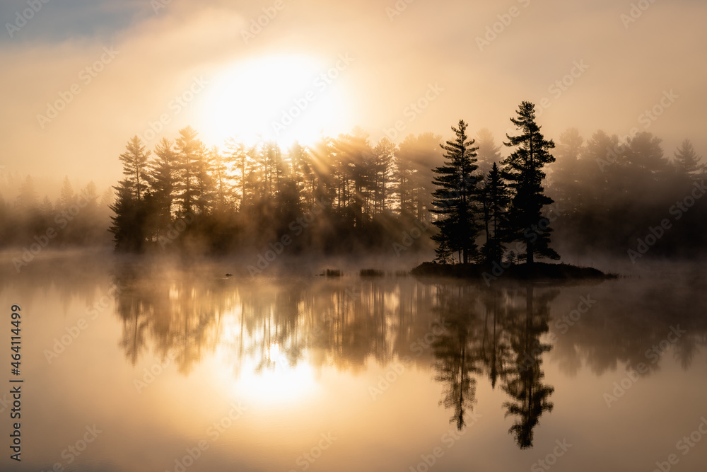 Island and forest on a misty lake in morning sunshine Island and forest on a misty lake in morning sunshine