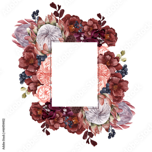 Watercolor Fall illustration. Autumn frame with flowers, leaves and berries, isolated on white background