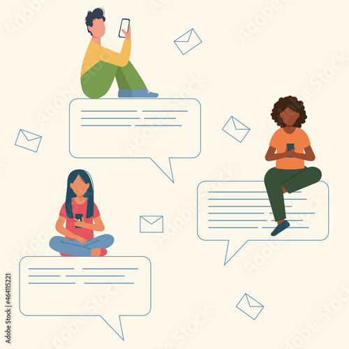 Online mobile chat communication template. People with smartphones sending messages. Girls and boy typing sms sitting on bubbles or clouds with text. Chatting on cell phone with friends via messenger.