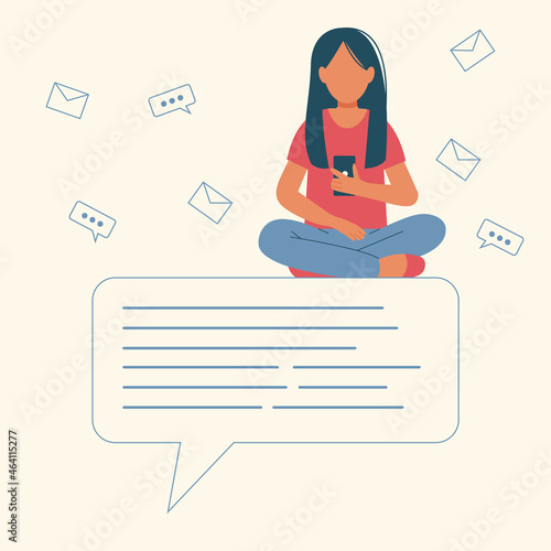 Young girl chatting online via smartphone sitting on text bubble or cloud. Mobile chat communication template. Typing sms on cell phone via messenger flat vector illustration.