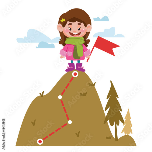 A little girl stands on the top of the mountain and holds a flag. The concept of success, conquest and victory in a child s game. Vector illustration of child characters in cartoon childish style.