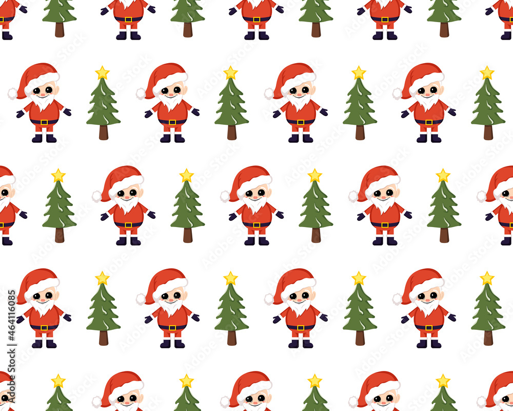 Seamless Christmas pattern with red Santa Claus, bag with presents and trees. Bright print for New Year and winter holiday, wrapping paper, textiles and designs. Seamless Christmas pattern with red Santa Claus, bag with presents and trees. Bright print for New Year and winter holiday, wrapping paper, textiles and designs.
