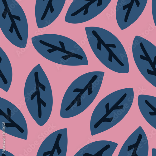 Seamless pattern with blue leaves. Hand drawn abstract vector background in retro color palette. Isolated on pink.