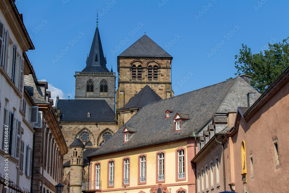 Closeup cityscape courtyard view of churches and buildings in the UNESCO World Heritage city center of Trier, Germany
