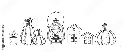 Vector illustration with cozy autumn things - candle, pumpkins, kerosene lantern, small houses. Cute rustic decoration.