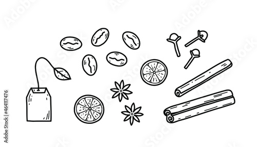 Vector illustration with ingredients  for spice tea or coffee - cinnamon rolls, clove, star anise, lemon and orange slices, tea bag and coffee beans. Doodle drawing.