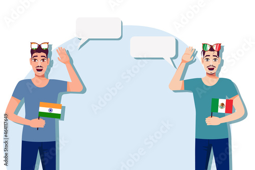 Vector illustration of people speaking the languages of India and Mexico. Illustration of translation, transcription and dialogue between India and Mexico.