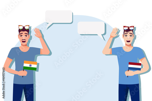 Men with Indian and Dutch flags. Background for the text. Communication between native speakers of the language. Vector illustration.