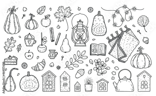 Vector set of autumn elements - leaves, pumpkins, kettle, knitted blanket, coffee and tea, desserts, houses, book, garland, sweets. Cute things for cozy autumn days.