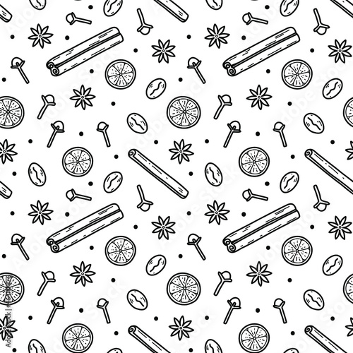 Vector seamless pattern with spices, cinnamon, oranges, clove, anise and coffee beans. Doodle spice pattern. Warm and cozy mood.