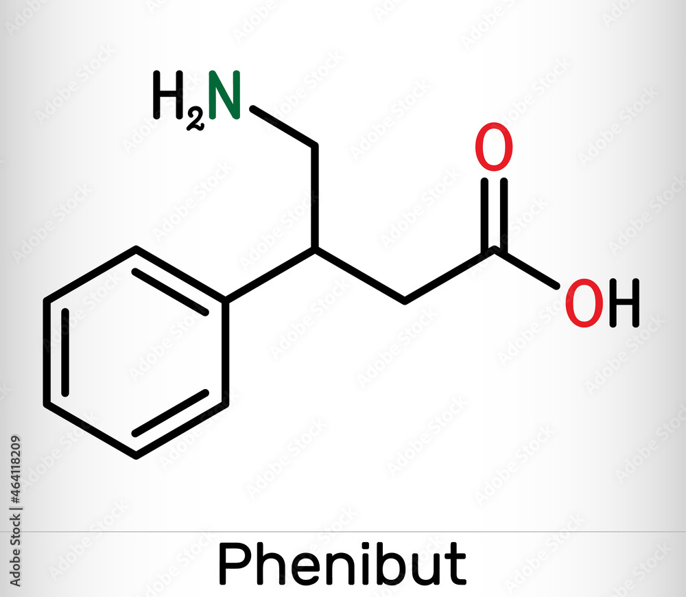 Obraz premium Phenibut molecule. It is central nervous system depressant with anxiolytic and sedative effects. Skeletal chemical formula