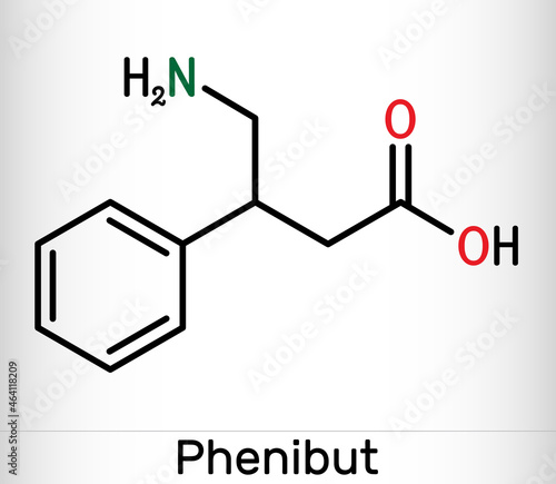 Phenibut molecule. It is central nervous system depressant with anxiolytic and sedative effects. Skeletal chemical formula