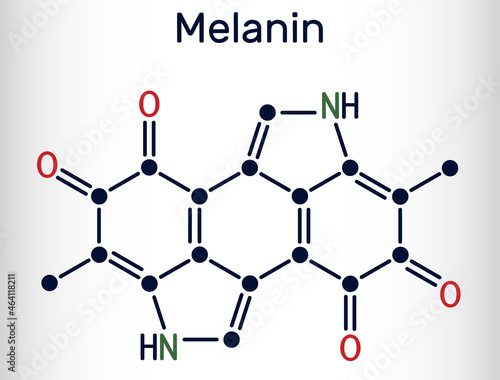 Melanin  molecule. Polymers of tyrosine derivatives found in and causing darkness in skin (skin pigmentation) and hair. Skeletal chemical formula