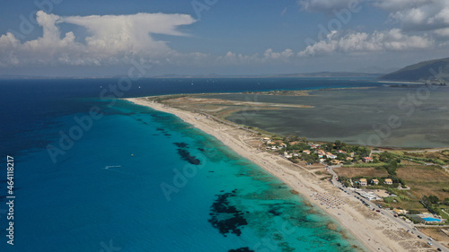 Aerial drone photo of paradise bay and sandy beach of Agios Ioannis a true paradise for wind surfing and kite boarding water sports, Lefkada island, Ionian, Greece
