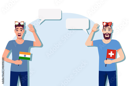 Vector illustration of people speaking the languages of India and Switzerland. Illustration of translation, transcription and dialogue between India and Switzerland.