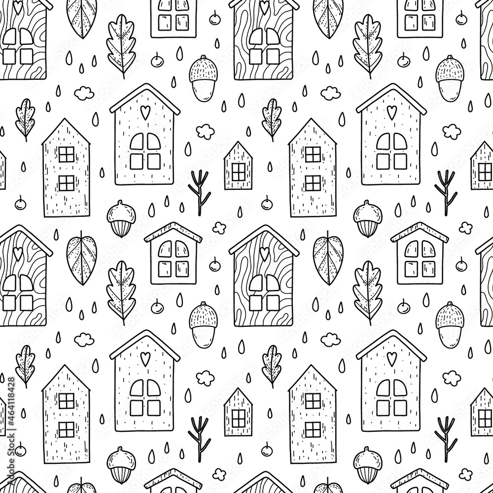Vector seamless pattern with small wood houses. Rainy rustic street background. Doodle drawing.