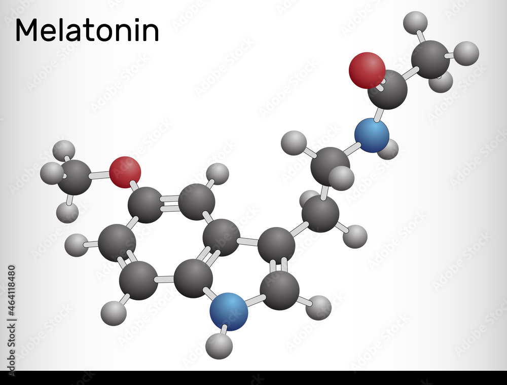 Melatonin molecule, hormone that regulates sleep and wakefulness. Molecule model Melatonin molecule, hormone that regulates sleep and wakefulness. Molecule model