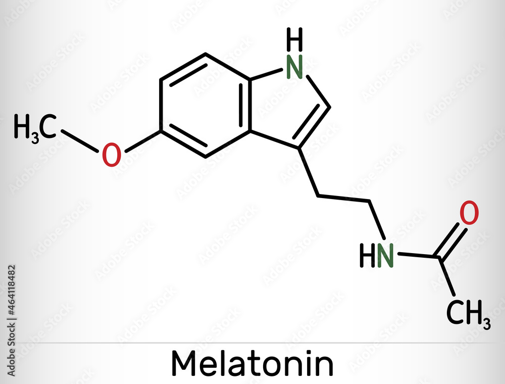 Fototapeta premium Melatonin molecule, hormone that regulates sleep and wakefulness. Skeletal chemical formula