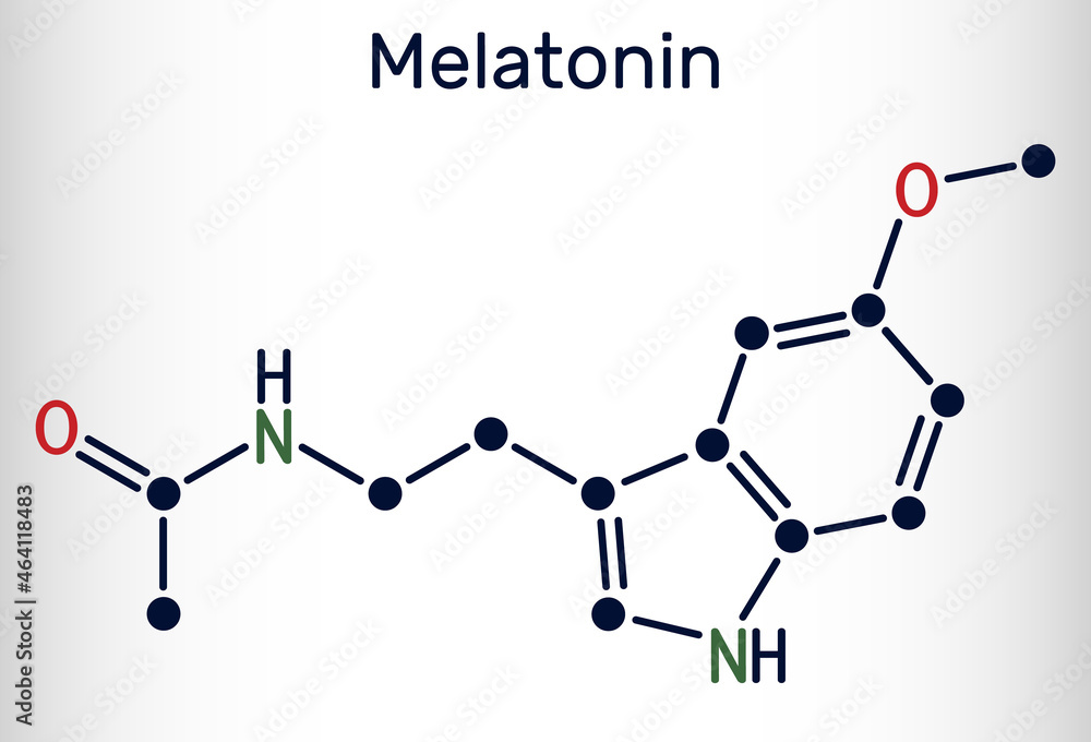 Melatonin molecule, hormone that regulates sleep and wakefulness. Skeletal chemical formula Melatonin molecule, hormone that regulates sleep and wakefulness. Skeletal chemical formula