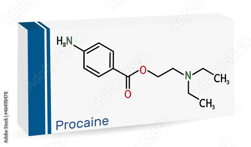 Procaine molecule. Is a local anesthetic drug. Skeletal chemical formula. Paper packaging for drugs