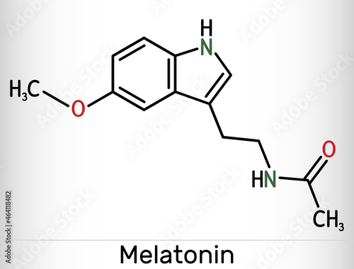 Melatonin molecule, hormone that regulates sleep and wakefulness. Skeletal chemical formula