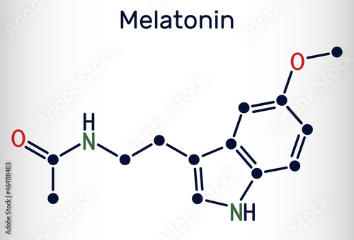 Melatonin molecule, hormone that regulates sleep and wakefulness. Skeletal chemical formula