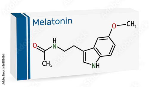 Melatonin molecule, hormone that regulates sleep and wakefulness. Skeletal chemical formula. Paper packaging for drugs