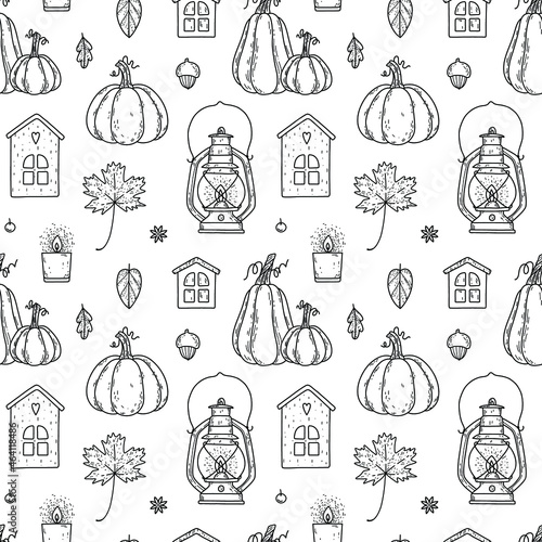 Vector seamless pattern with rustic elements - kerosene lamp, small wood house, pumpkin, candle, maple leaf. Autumn pattern.