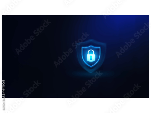 iIluminated Padlock icon on blue background. Digital data protect. Cyber data. Information Privacy.
Copy space banner. 